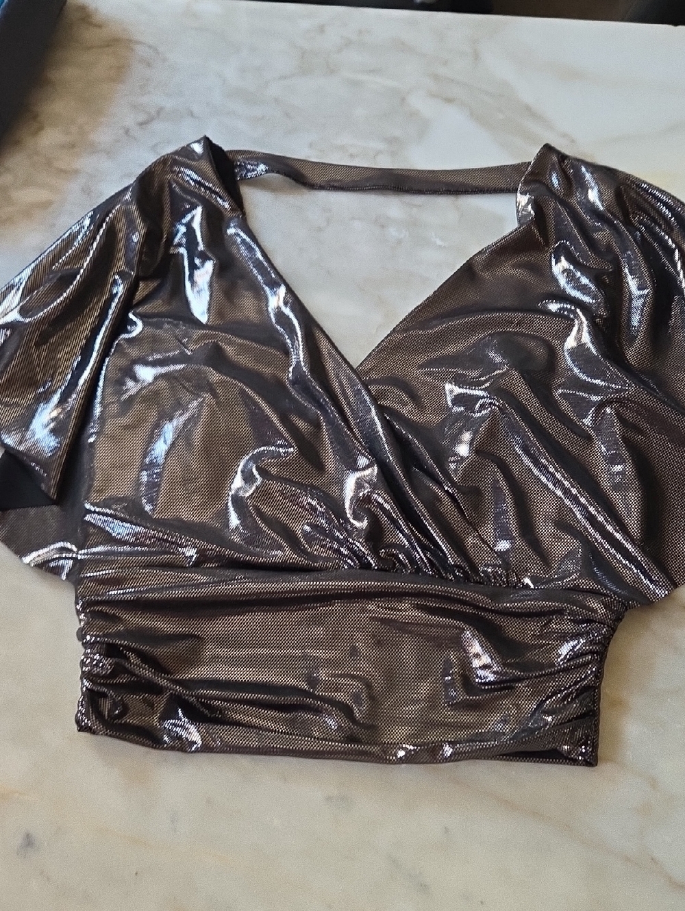 Aqua Shimmery Bronze Metallic V-Neck Cropped Top